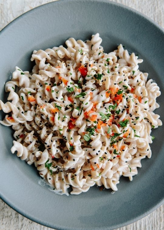 Fusilli with tahini-yogurt sauce and nigella seeds