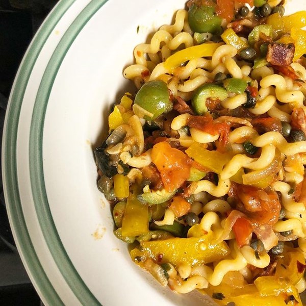 Fusilli with vegetables, herbs, olives, and hot pepper (Fusilli alla rustica)