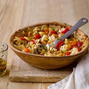 Fusilli with yellow squash & grape tomatoes