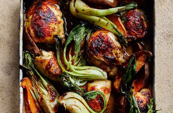 Galangal chicken, sweet potato & pak choi traybake 