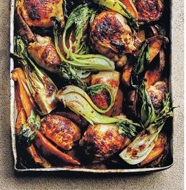 Galangal chicken, sweet potato & pak choi traybake