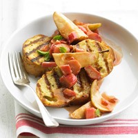 Gale Gand's grilled buttermilk bread pudding with rhubarb-pear compote