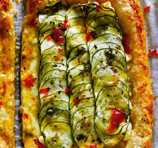 Galette of courgette with manouri cheese & chilli-honey dressing