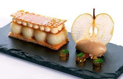 Galette of Cox’s apple and mint opaline, black butter ice cream