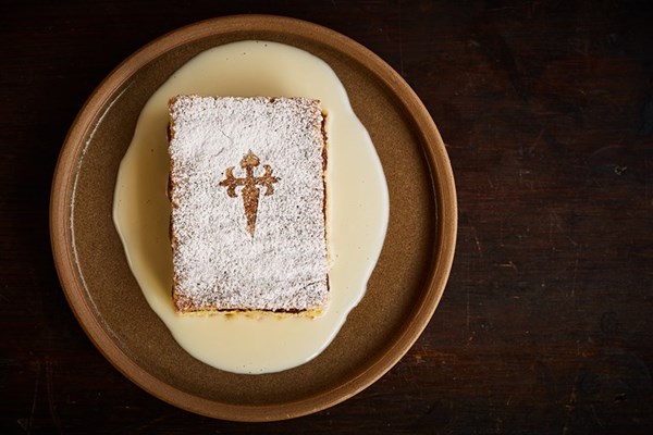 Galician almond cake with chocolate mousse and vanilla cream (Tarta de Santiago)