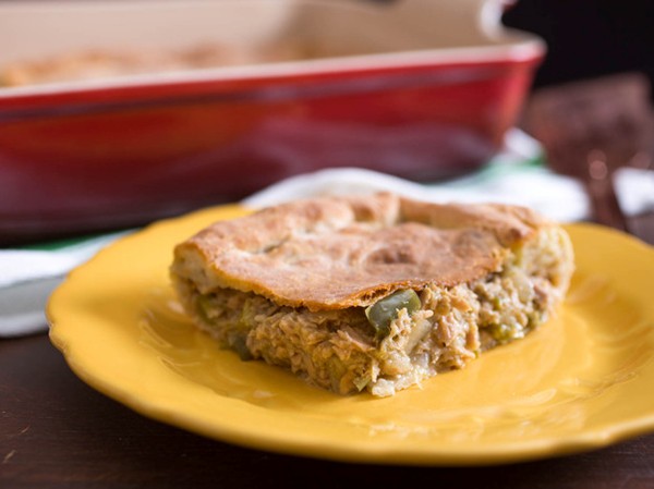 Galician empanada with tuna, onion, and green bell pepper filling