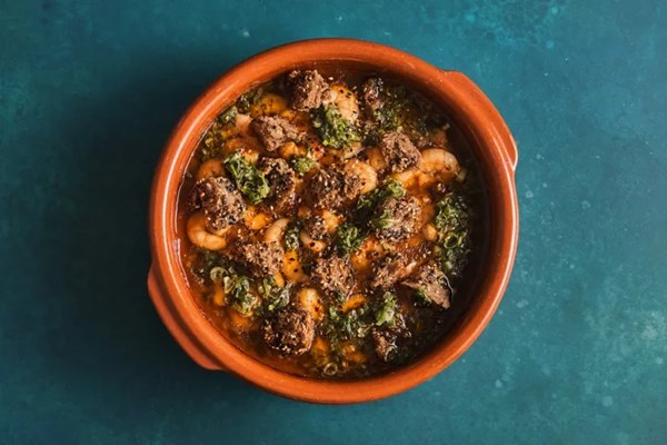 Gambas pil pil with tarragon and preserved lemon salsa and sesame croutons