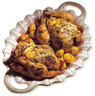 Game hens flavored with herbs and mustard