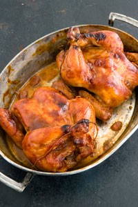 Game hens in apricot, tequila, and California chile sauce