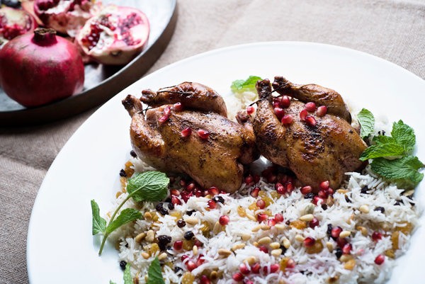 Game hens with sumac, pomegranate and cardamom rice
