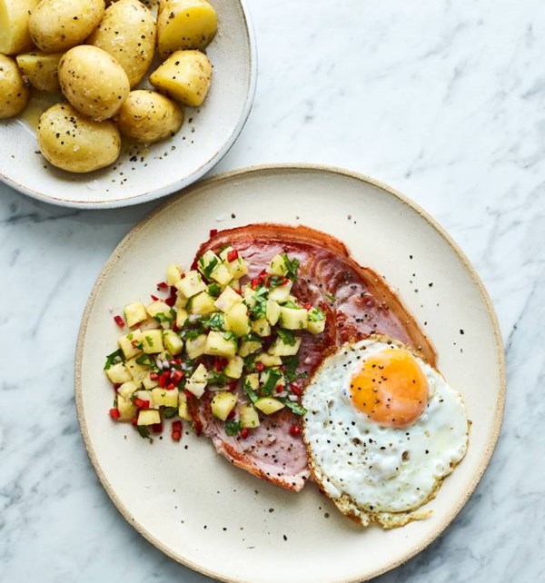 Gammon and egg with chilli pineapple salsa