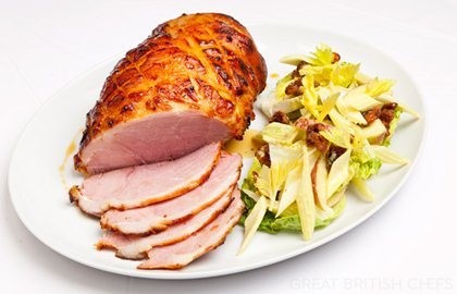 Gammon cooked in scrumpy cider with Waldorf salad and apple syrup