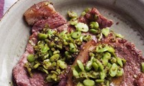 Gammon steaks, broad beans, and mustard seeds