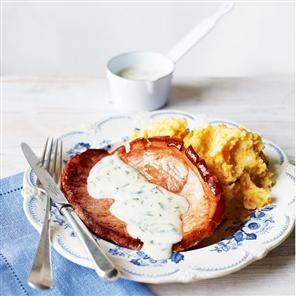 Gammon steaks with creamy parsley sauce and root-veg mash