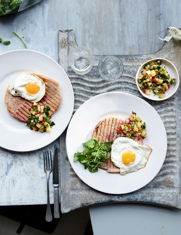 Gammon with egg and pineapple chilli salsa