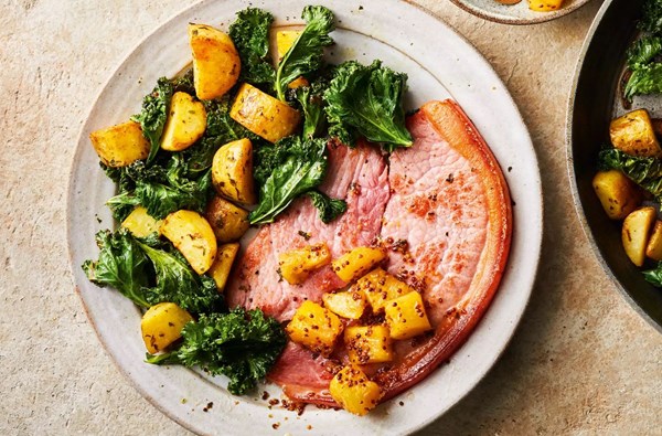 Gammon with sticky mustard pineapple, sautéed kale & potatoes