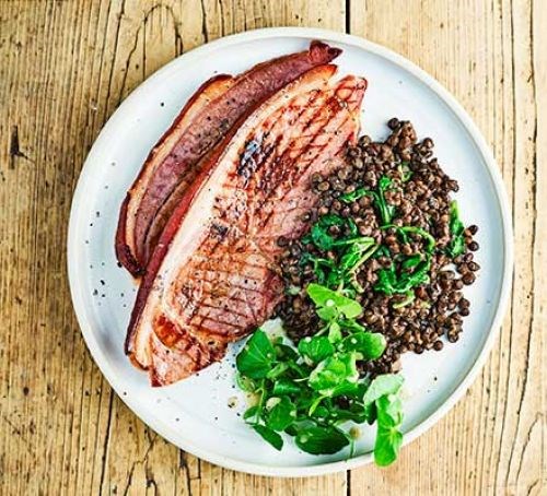 Gammon with watercress & mustard lentils 