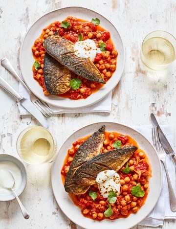 Garam masala-spiced roast mackerel with tamarind chickpeas