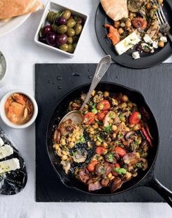 Garbanzo beans with cremini and uncured bacon [Neni Panourgia]