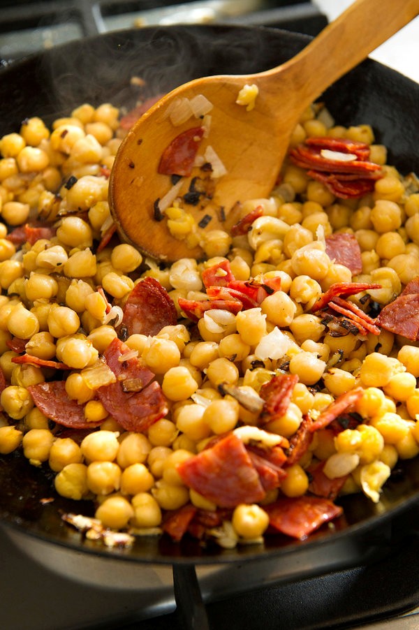 Garbanzos and greens with chorizo
