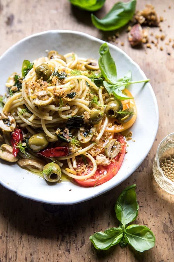 Garden fresh herb, olive, and Parmesan pasta with pistachio breadcrumbs