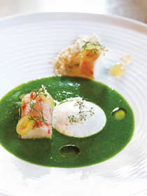 Garden gazpacho with king crab, grapes, yogurt & toasted almonds