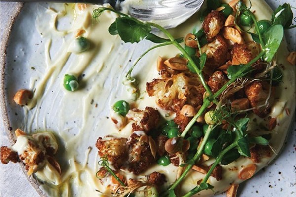 Garden peas, cauliflower, almonds, lemon