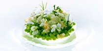 Garden peas, cultured butter, sea salt, crisp pea blossoms