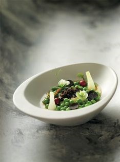 Garden peas, truffle custard with truffle and chestnut mushroom consommé