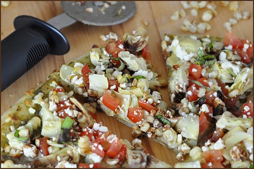 Garden pizza with grilled corn, feta, and balsamic