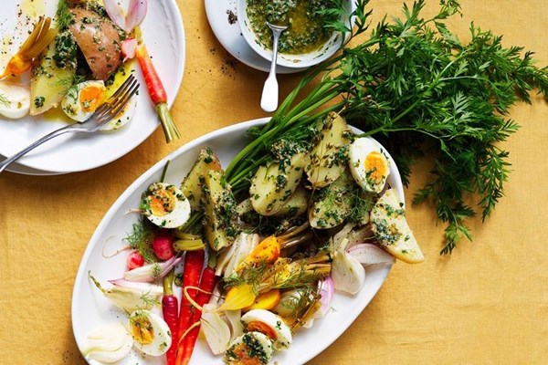 Garden vegetables with green sauce