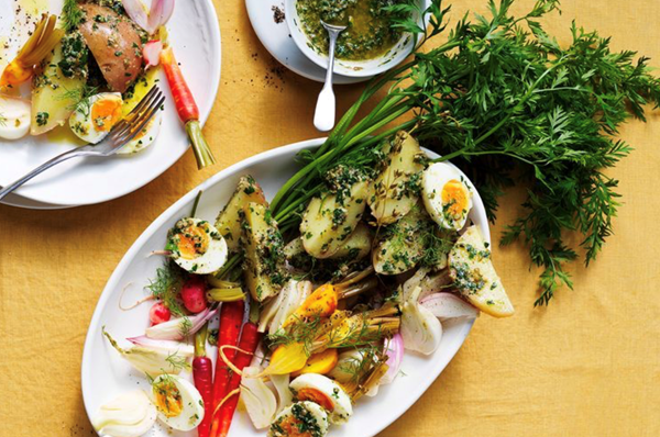Garden vegetables with green sauce