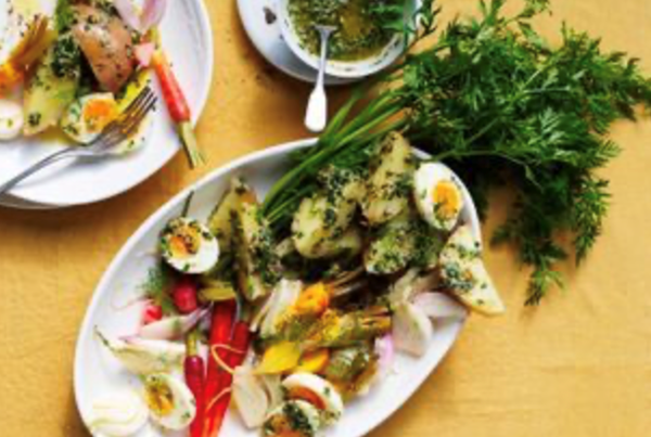 Garden vegetables with green sauce