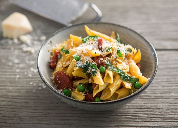 Garganelli pasta with chorizo and peas