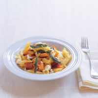 Garganelli with pumpkin, crispy sage and goat's cheese