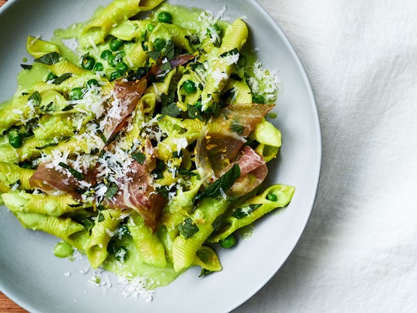 Garganelli with speck, peas, and scallion cream