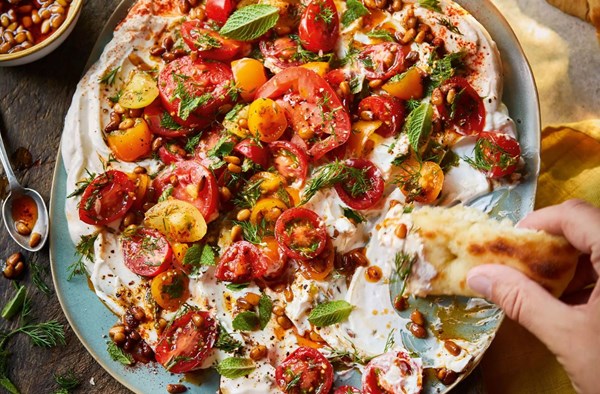 Garlic & lemon labneh with paprika-tomato salad and pine nut brown butter