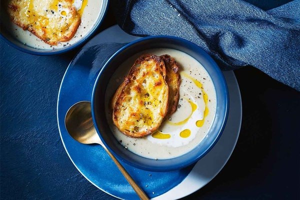 Garlic & potato soup with mozzarella & mustard toasts