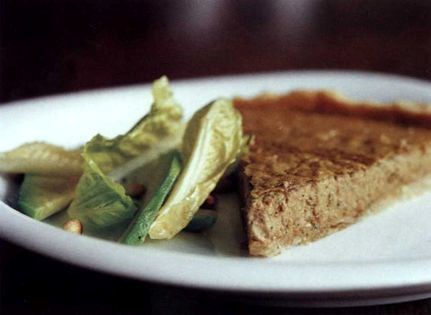 Garlic and chicken liver tart with salads in walnut dressing