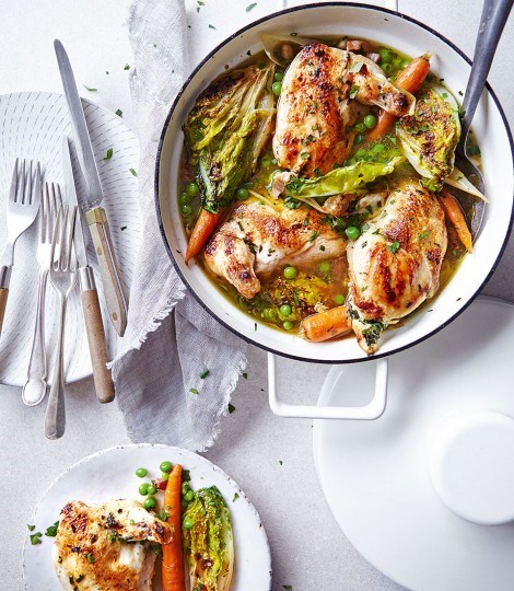 Garlic and herb buttered chicken with braised lettuce, peas and baby carrots