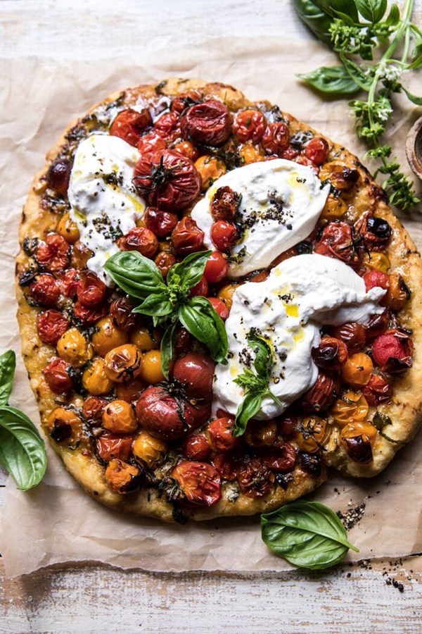 Garlic and herb roasted cherry tomato pizza with caramelized onions