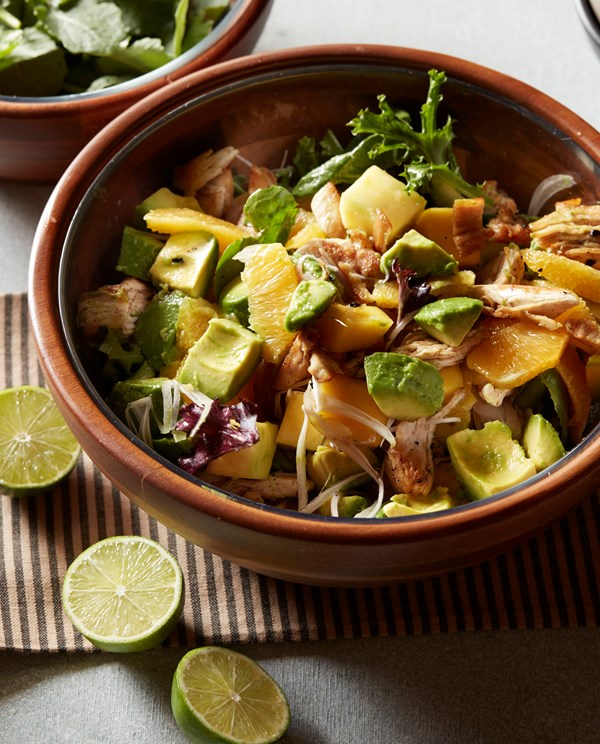 Garlic and honey-marinated avocado, mango and roasted chicken salad