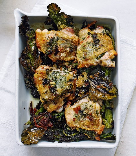 Garlic and parsley roast chicken with crunchy purple sprouting broccoli