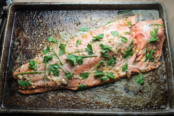 Garlic and saffron roasted salmon