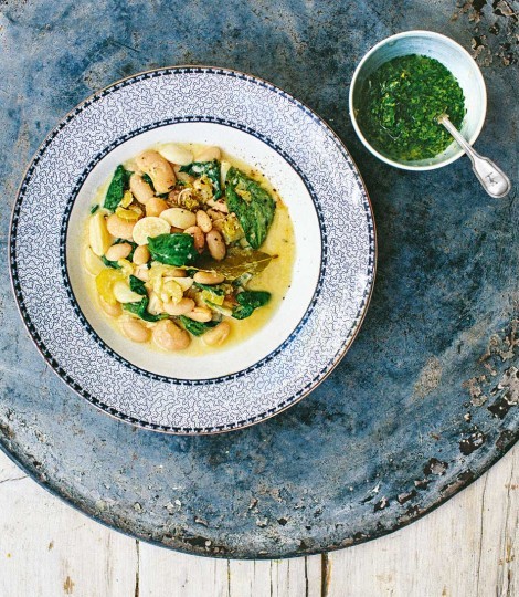 Garlic and white bean stew (Caldo gallego) with gremolata