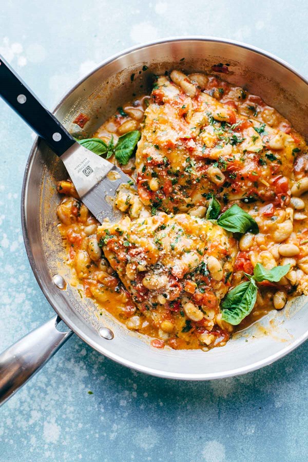 Garlic basil barramundi skillet with tomato butter sauce