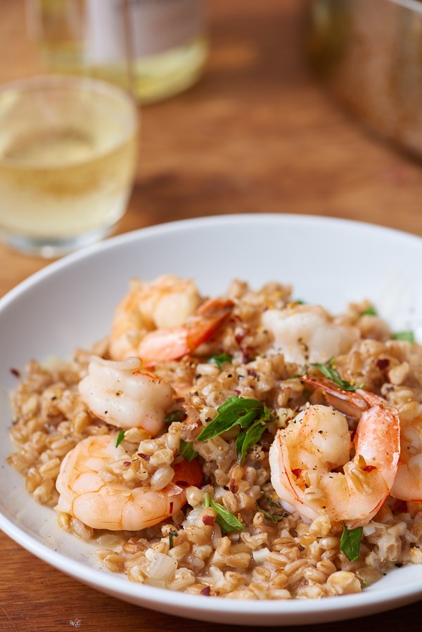 Garlic basil shrimp farrotto