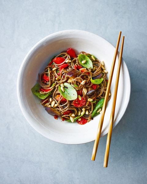 Garlic, basil, tomato and aubergine soba noodles