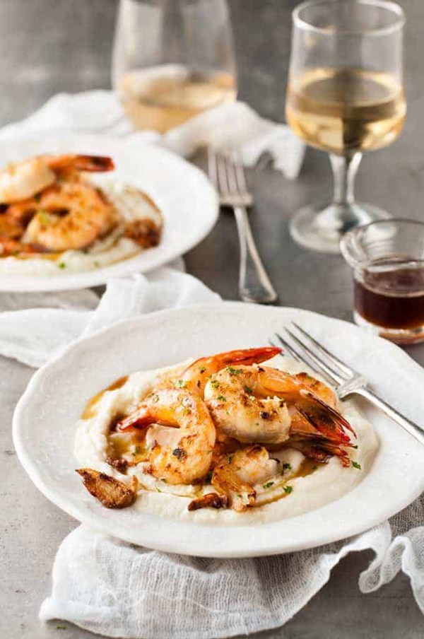 Garlic brown butter shrimp/prawns with cauliflower puree