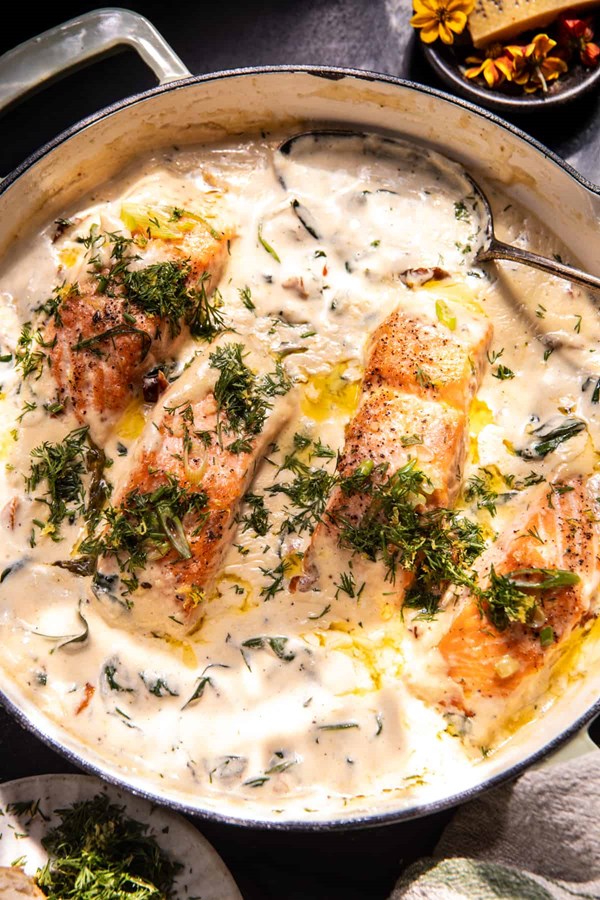 Garlic butter baked salmon in lemony Parmesan cream